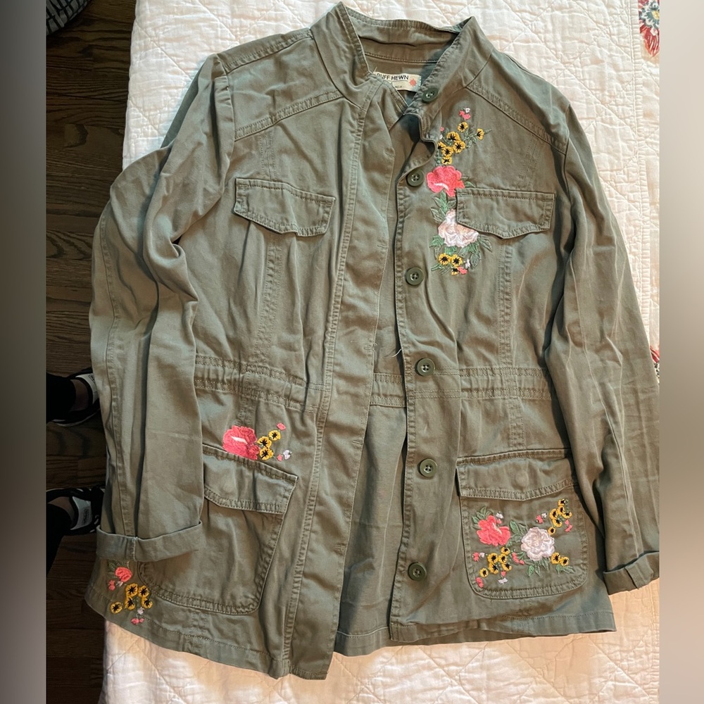 Ruff Hewn Olive Utility Jacket with Floral Embroidery